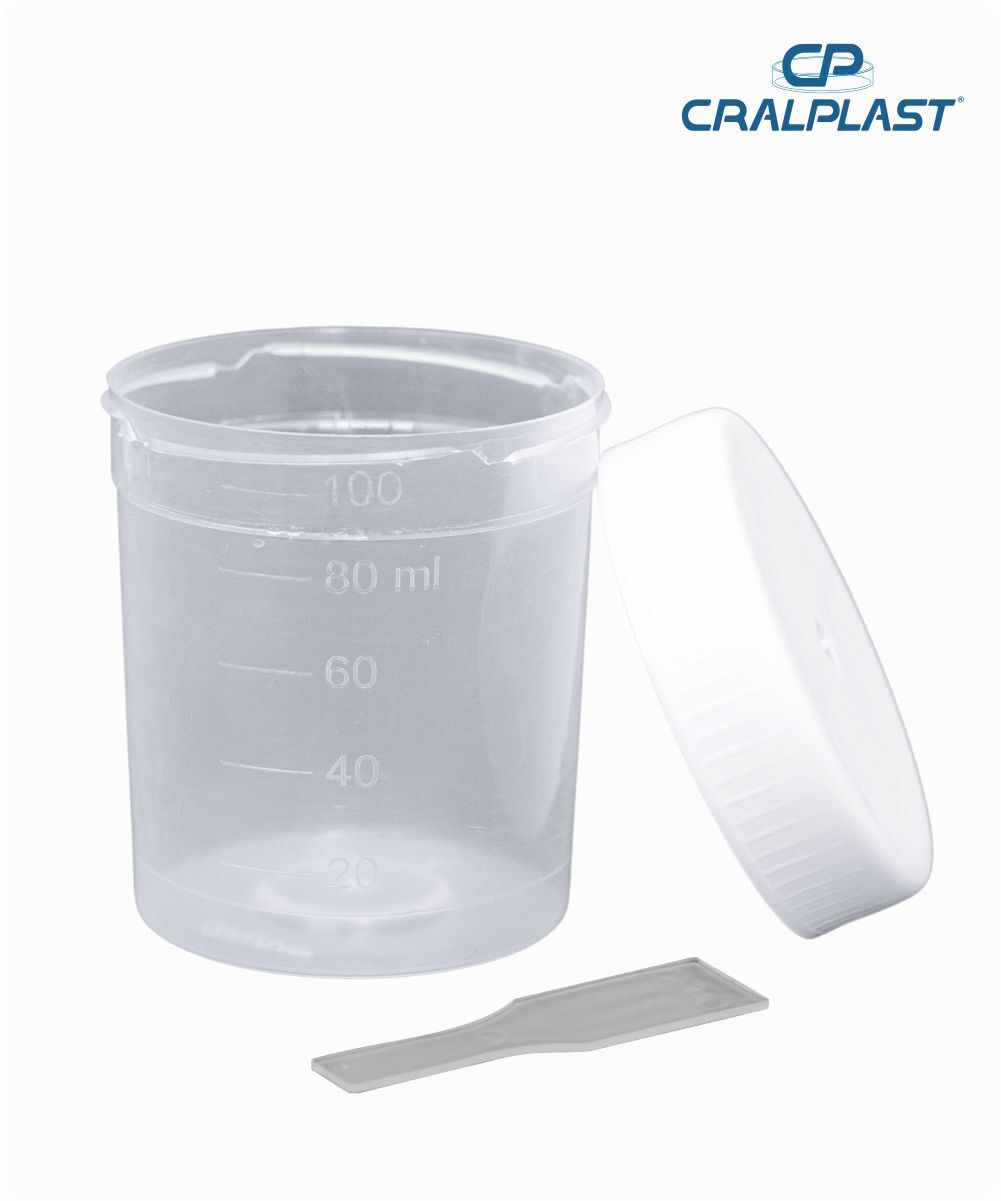 Coletor de urina 100mL com pá   tampa branca